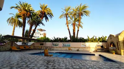a swimming pool with palm trees in the background at DREAM ISLAND Hotel in Luxor