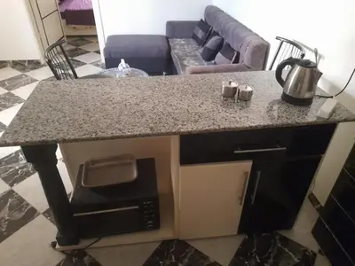 a kitchen with a counter top with a microwave at Alaa Aldin Flats in Luxor