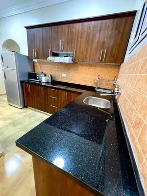 a kitchen with a counter and a sink and a refrigerator at Karnak Flats in Luxor