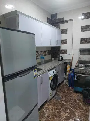 a kitchen with a refrigerator and a washing machine at Sea View Apartment at Sheraton Road 2 bed rooms in Hurghada