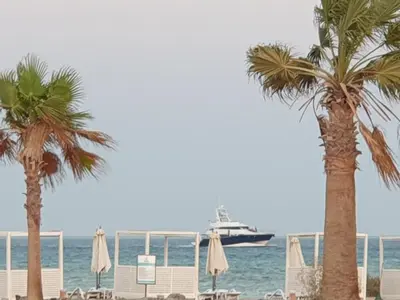 a cruise ship in the ocean with palm trees at luxury apartment at Mangroovy El Gouna in Hurghada