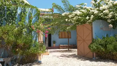 a blue building with a bunch of trees and flowers at Villa Diletta Luxor in Luxor