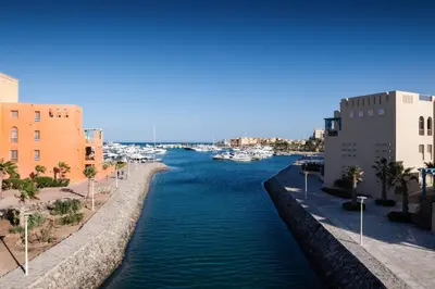 a view of a river in a city with buildings at Earthy & Tranquil 1 BDR Mangroovy Free Pool & Beach Access in Hurghada