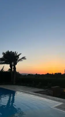 a swimming pool with a palm tree and the sunset at Villa with 5 bedrooms & 4 bathrooms - private heated pool in Hurghada