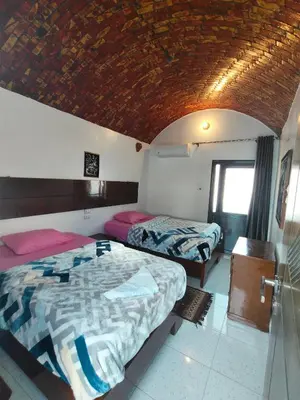 a bedroom with two beds and a wooden ceiling at Jamaica Guest House in Aswan