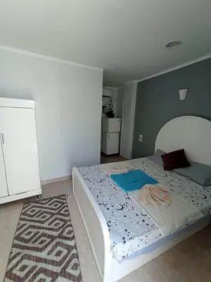 a bedroom with a white bed with a rug at Nefertarie Guest House in Luxor