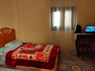 a bedroom with a bed and a desk and a window at Nefertari Guest House in Aswan