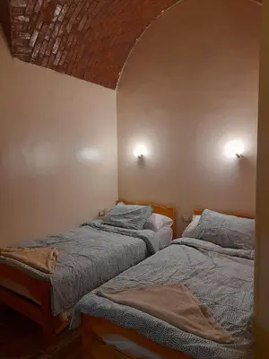 two twin beds in a room with a ceiling at Belle Vue Sur Le Nile بيت هاني in Aswan