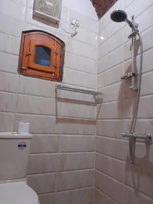 a bathroom with a shower with a toilet and a window at Belle Vue Sur Le Nile بيت هاني in Aswan