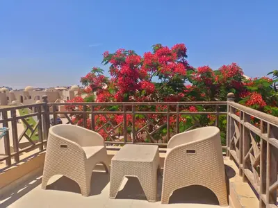 two chairs and a table on a balcony with red flowers at The view studio in Hurghada