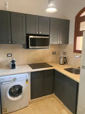 a kitchen with black cabinets and a washing machine at Lovely two bedroom apartment in Hurghada