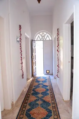 a hallway with a rug on the floor and a door at Luxor Oasis Guest House in Luxor
