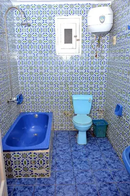 a bathroom with a blue toilet and a tub at Fontana Hostel luxor in Luxor
