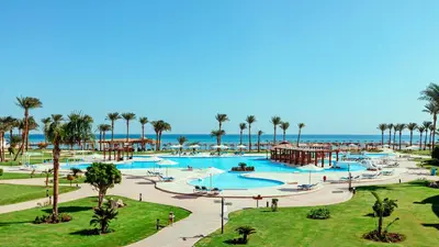 an image of a resort pool with palm trees and the ocean at Sunrise Alma Bay Resort in Hurghada