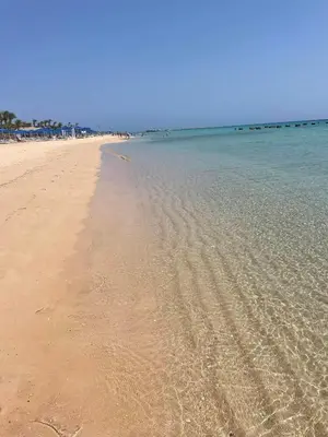 a sandy beach with footprints in the water at Apartman Andalusie in Hurghada