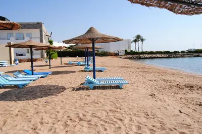 a group of blue beach chairs and umbrellas on a beach at Cecelia in Hurghada