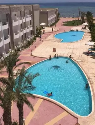 an overhead view of a large swimming pool with palm trees at منتجع سيسيليا cecelia resort in Hurghada