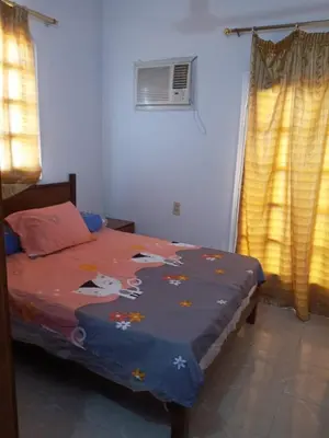 a bedroom with a bed with a blue blanket with cows on it at new ikea flat 1 in Hurghada