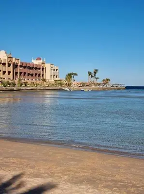 a body of water with buildings and palm trees at The Comfortable palace in Hurghada