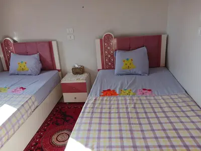 two beds with hello kitty pillows in a bedroom at Cattleya Guesthouse in Aswan