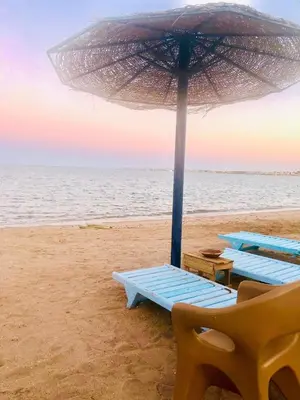 two beach chairs and an umbrella on the beach at Cecelia resort in Hurghada