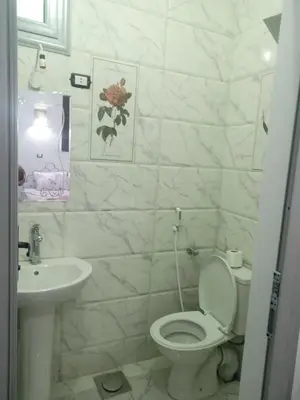 a white bathroom with a toilet and a sink at Nubian Queen Guest House in Aswan