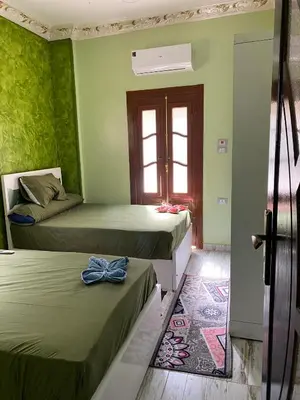 two beds in a room with green walls at Sunrise shiny Nubian Guest House in Aswan