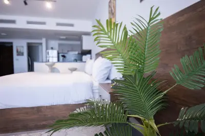 a bedroom with a bed and a green plant at El Gouna Elite Worldwide Sea & Garden Residences - Hurghada, Egypt in Hurghada