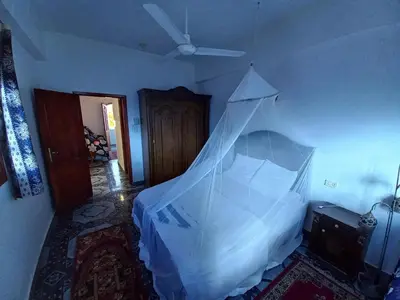 a bedroom with a bed with a mosquito net at Lucky House in Luxor