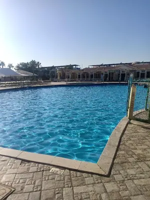 a swimming pool with blue water and a volleyball net at A two-room chalet in the village of Lale Land, Mirage Bay, Ecopark in Hurghada