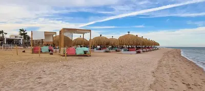 a beach with chairs and straw umbrellas and the ocean at Mangroovy 1br Charming Escape Hilton pool view in Hurghada